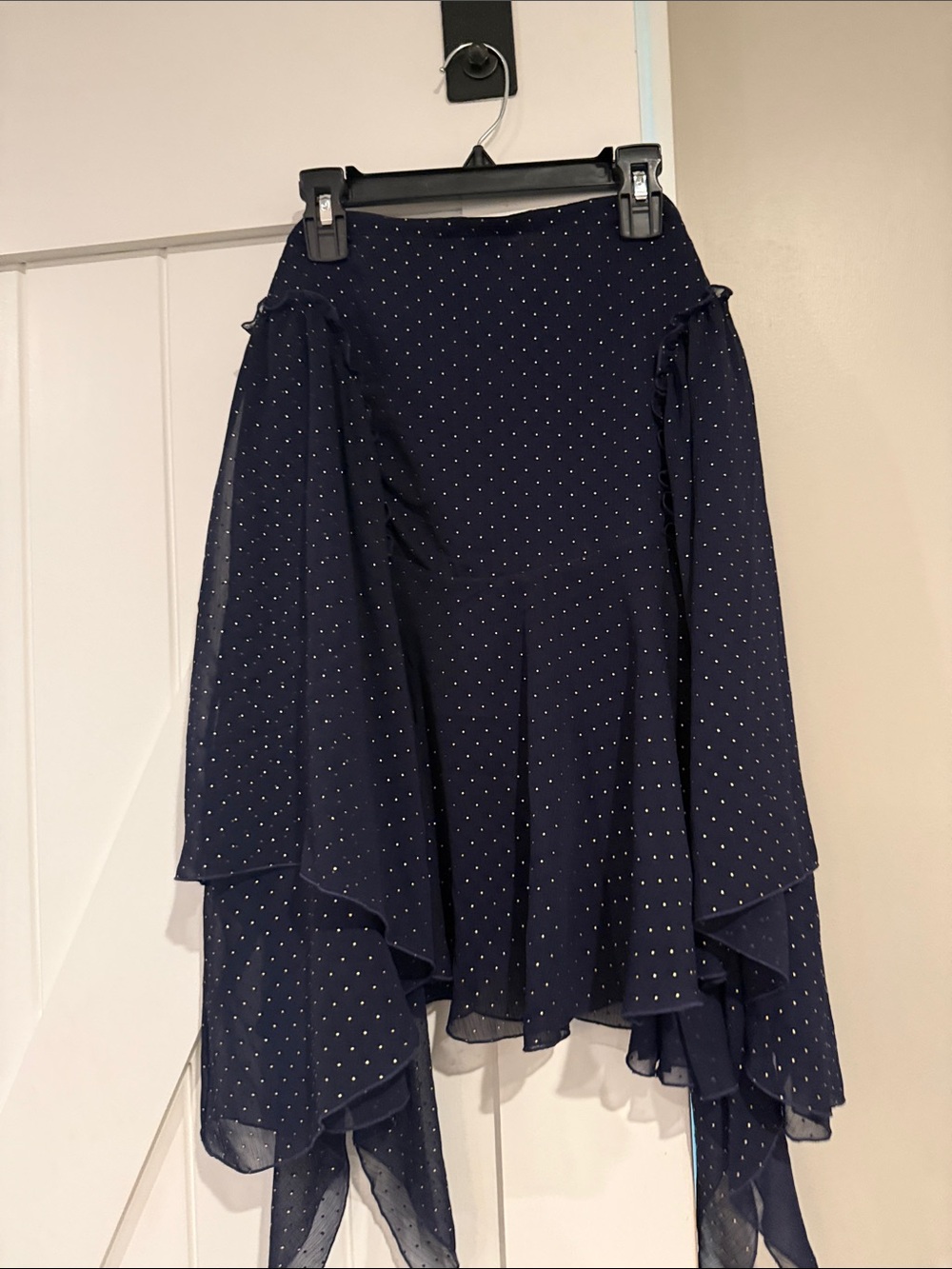 See by Chloe - Navy Polka Dot with gold Asymmetric Handkerchief Hem Skirt